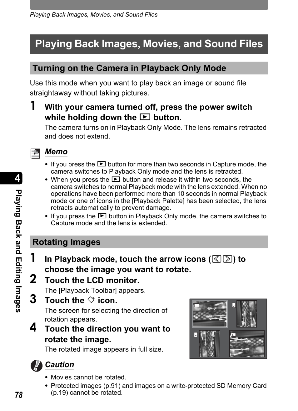 Playing back images, movies, and sound files, Turning on the camera in playback only mode, Rotating images | P.78 | Pentax Optio T10 User Manual | Page 80 / 163