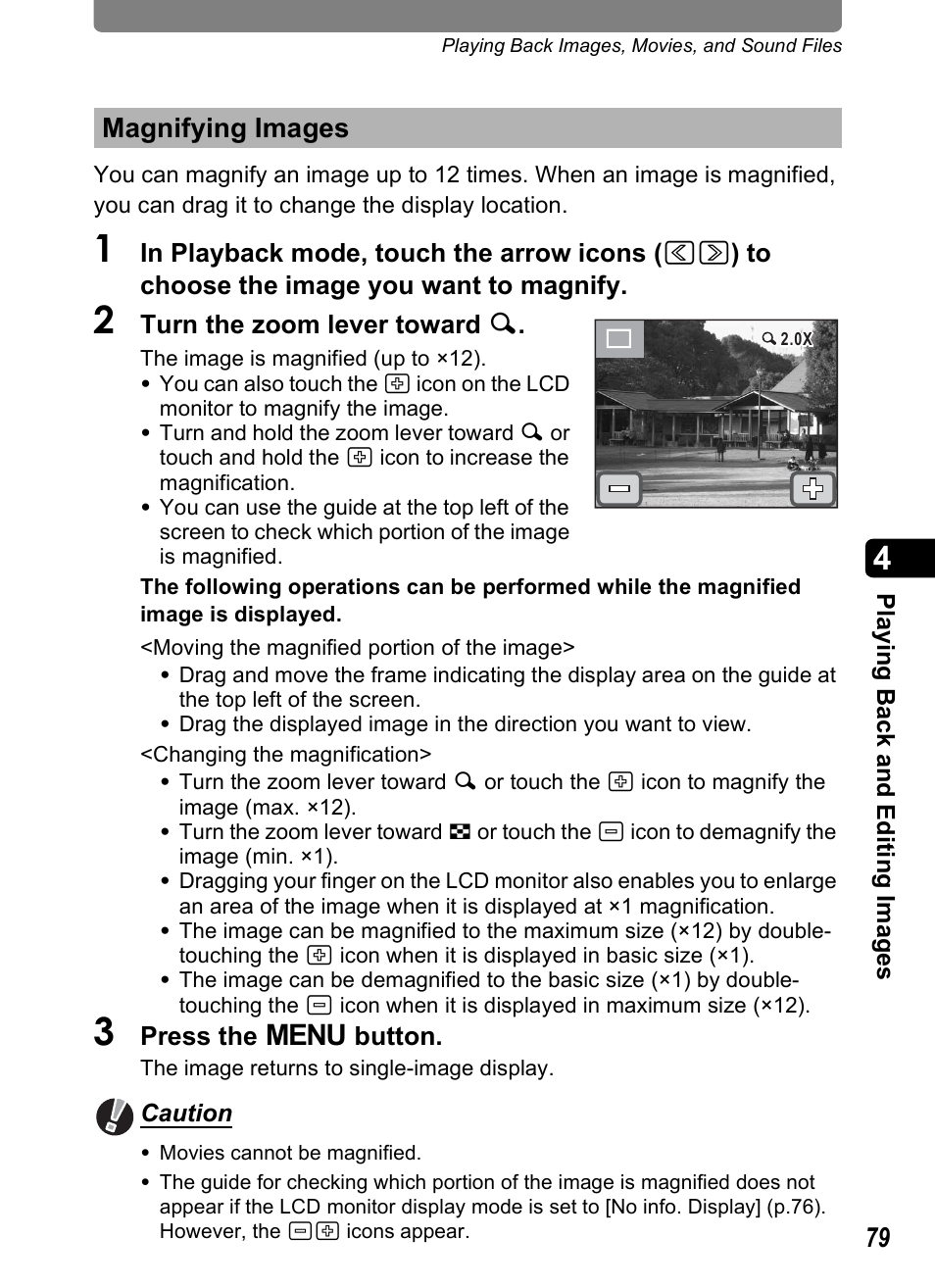 Magnifying images, P.79 | Pentax Optio T10 User Manual | Page 81 / 163