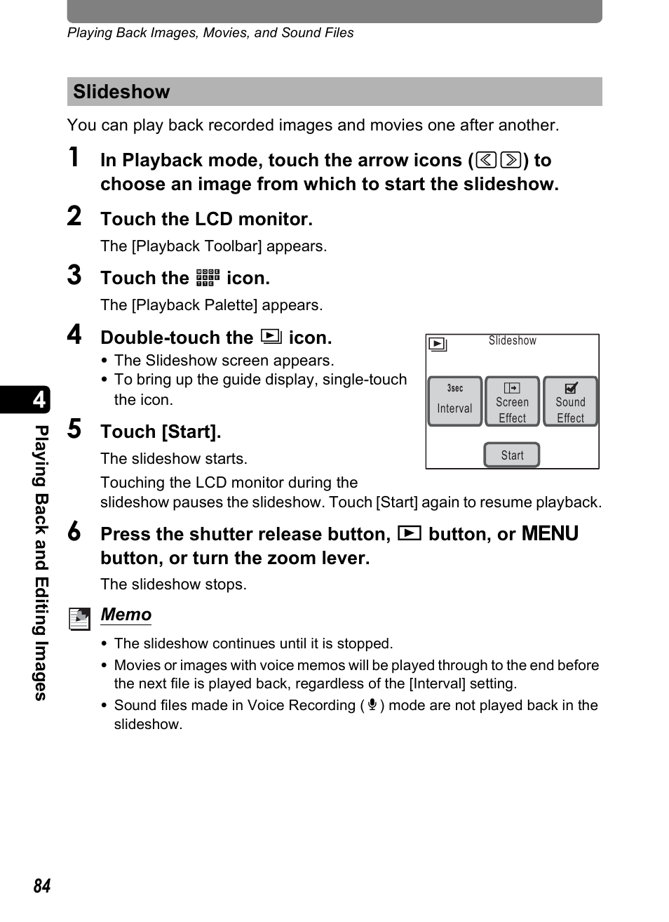 Slideshow, P.84), P.84 | Pentax Optio T10 User Manual | Page 86 / 163