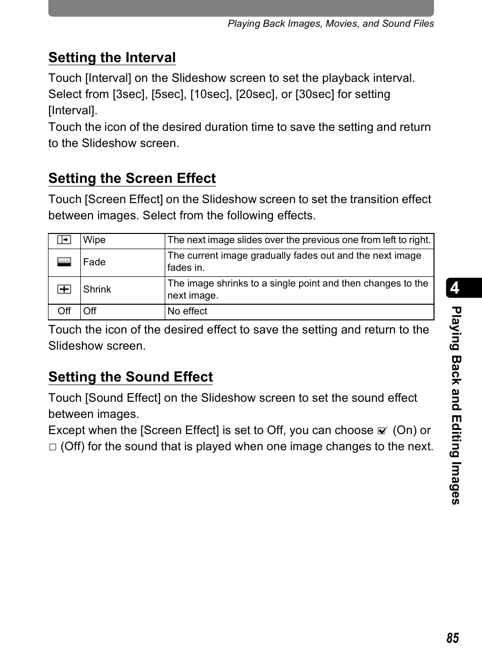 Setting the interval, Setting the screen effect, Setting the sound effect | Pentax Optio T10 User Manual | Page 87 / 163