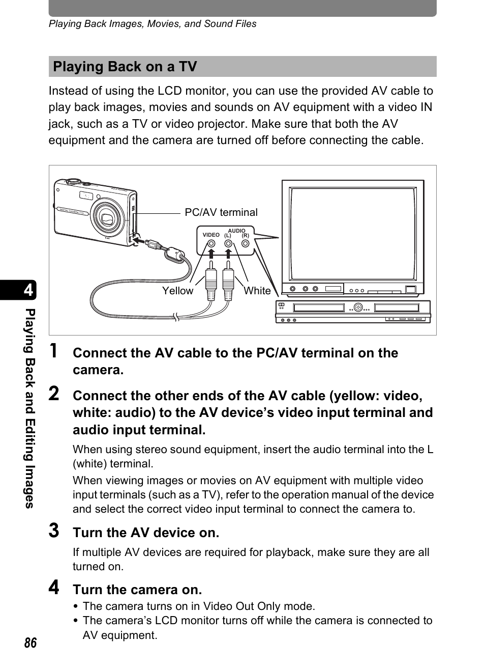 Playing back on a tv, P.86, P.86) | Pentax Optio T10 User Manual | Page 88 / 163