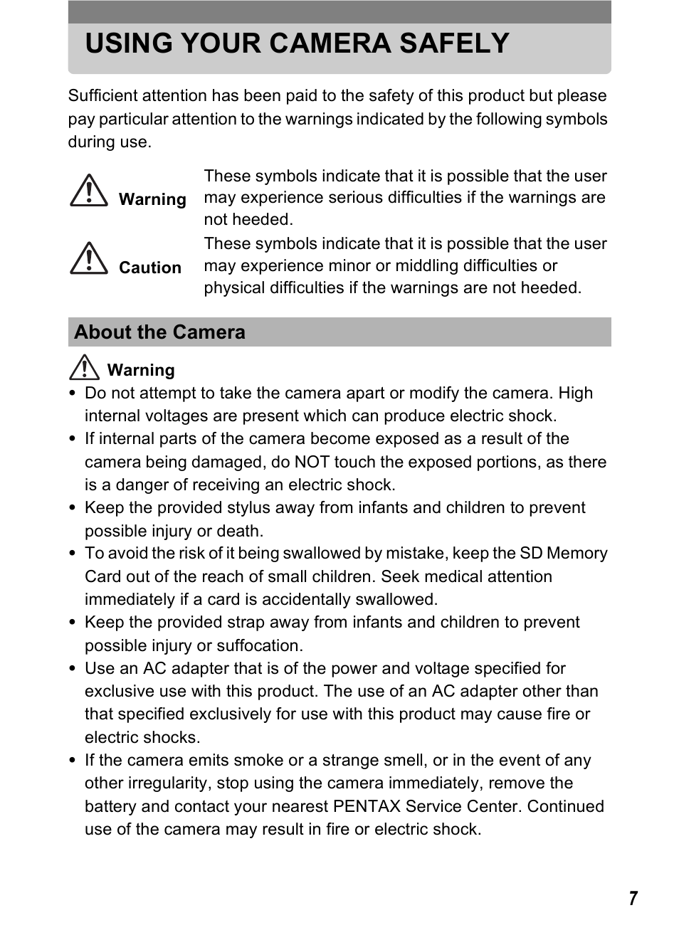 Using your camera safely, About the camera | Pentax Optio T10 User Manual | Page 9 / 163