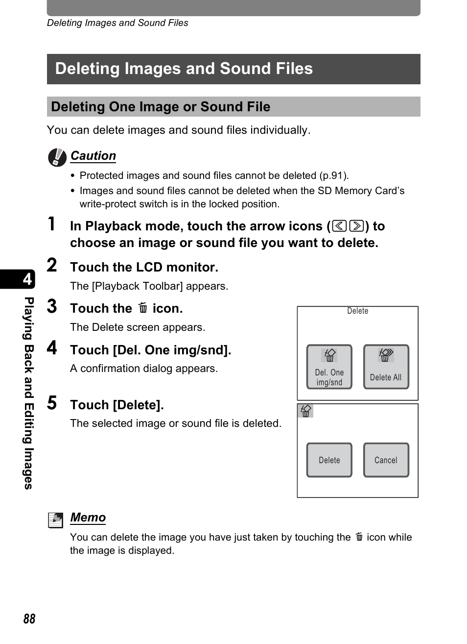 Deleting images and sound files, Deleting one image or sound file, P.88 | Pentax Optio T10 User Manual | Page 90 / 163