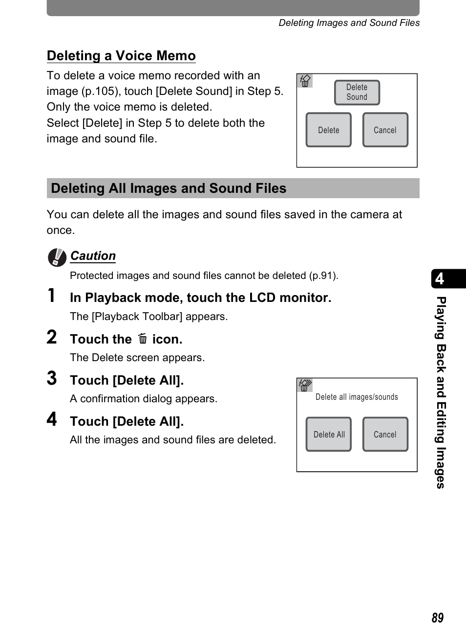 Deleting all images and sound files | Pentax Optio T10 User Manual | Page 91 / 163