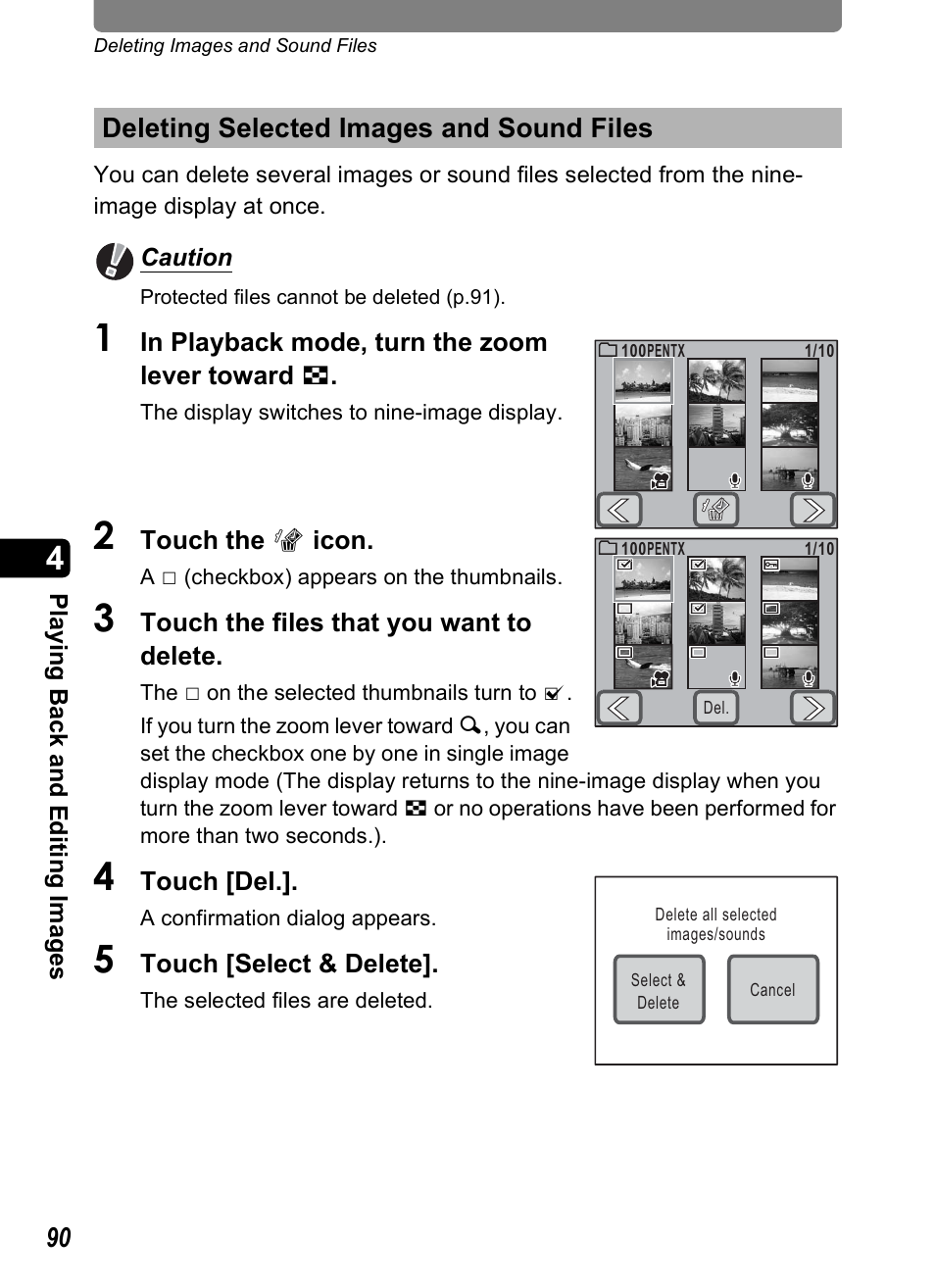 Deleting selected images and sound files | Pentax Optio T10 User Manual | Page 92 / 163