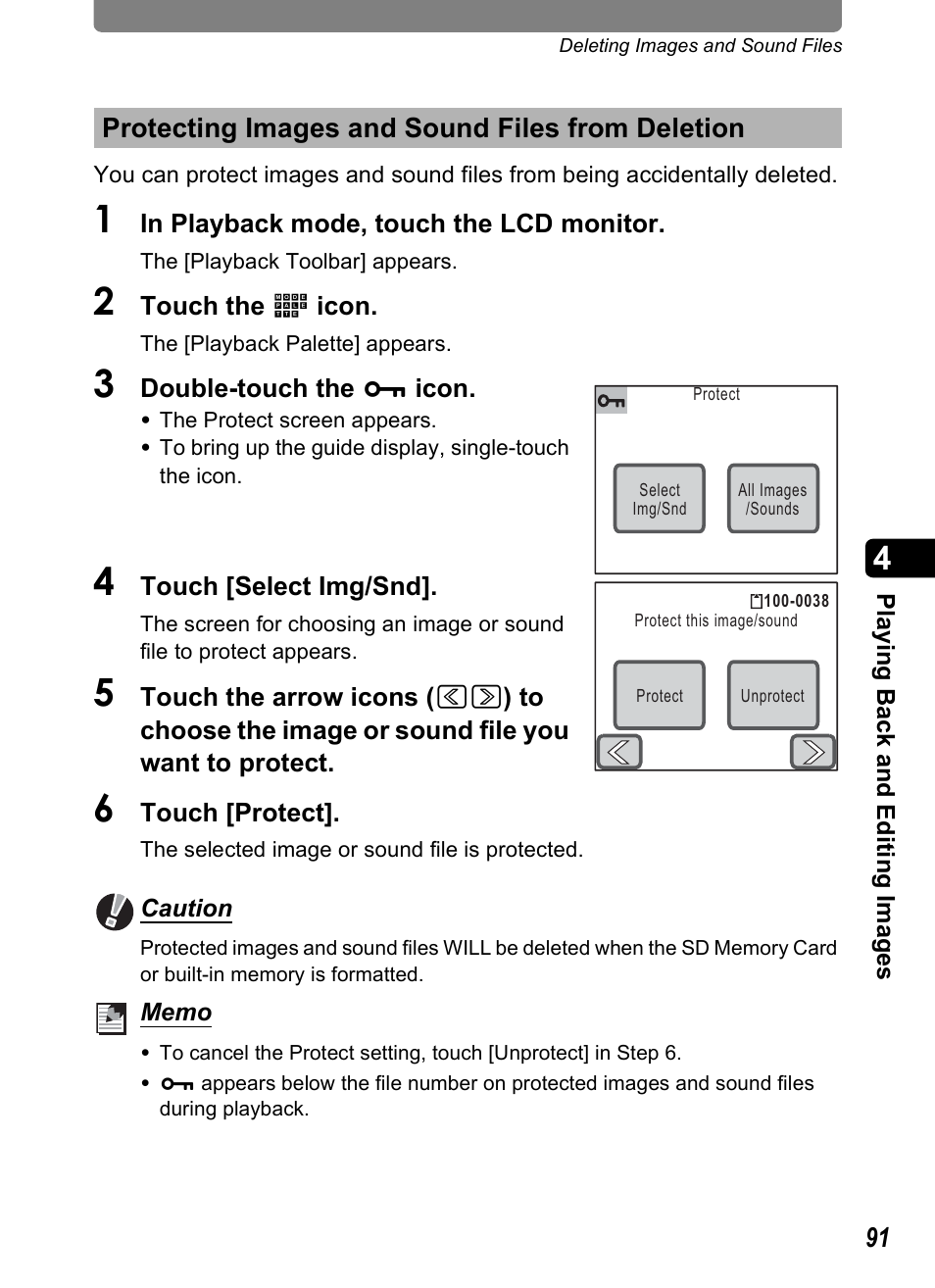 Protecting images and sound files from deletion, P.91 | Pentax Optio T10 User Manual | Page 93 / 163