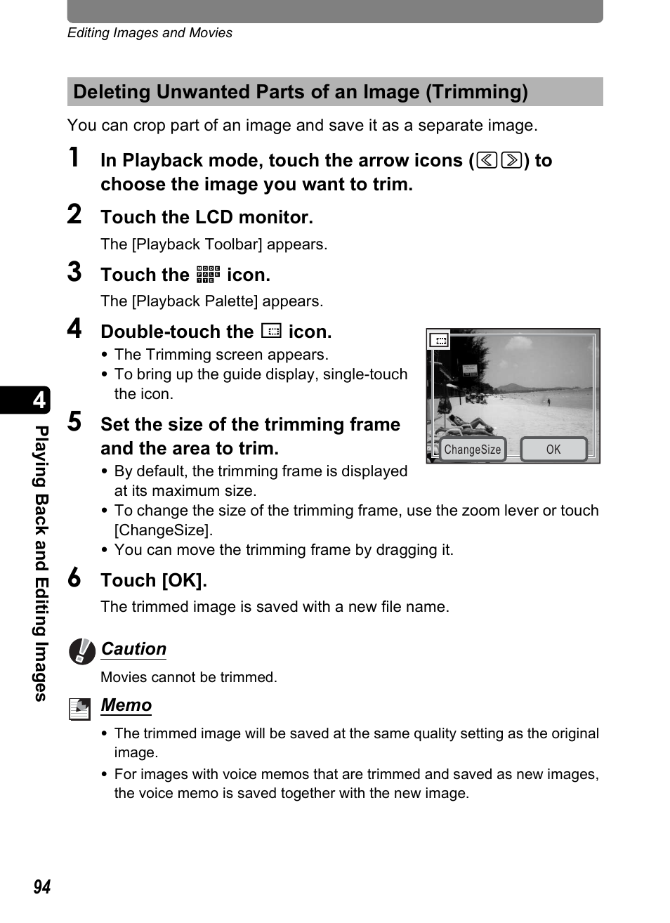 Deleting unwanted parts of an image (trimming), P.94), P.94 | Pentax Optio T10 User Manual | Page 96 / 163