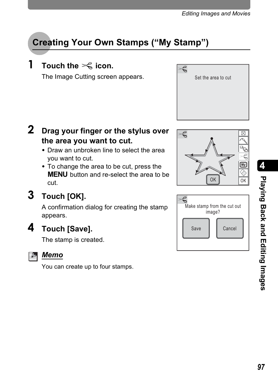 Creating your own stamps (“my stamp”) | Pentax Optio T10 User Manual | Page 99 / 163