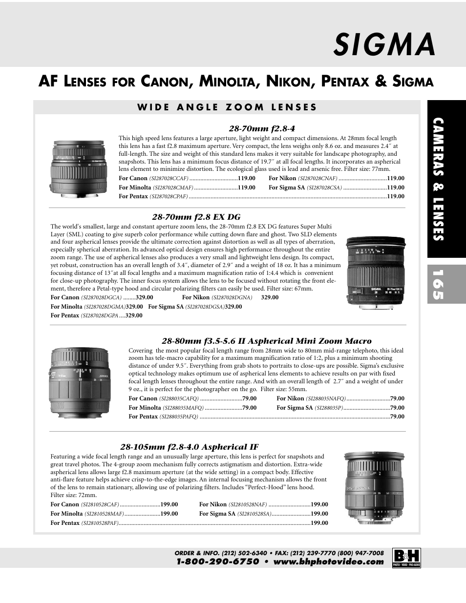 Af l, Cameras & lenses 165, Enses for | Anon, Inolta, Ikon, Entax, Igma | Pentax CAMERAS & LENSES ZX-M User Manual | Page 28 / 56