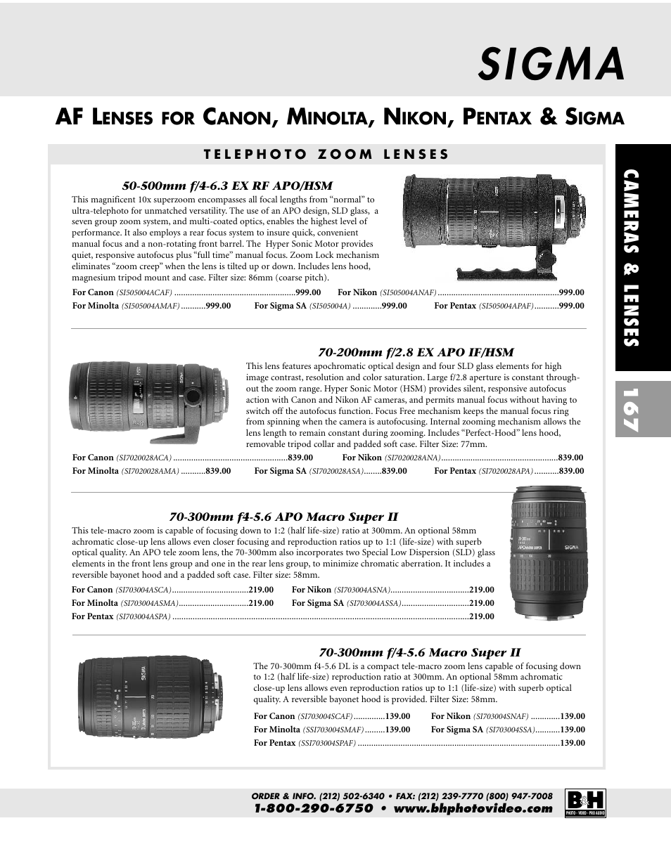 Af l, Cameras & lenses 167, Enses for | Anon, Inolta, Ikon, Entax, Igma | Pentax CAMERAS & LENSES ZX-M User Manual | Page 30 / 56