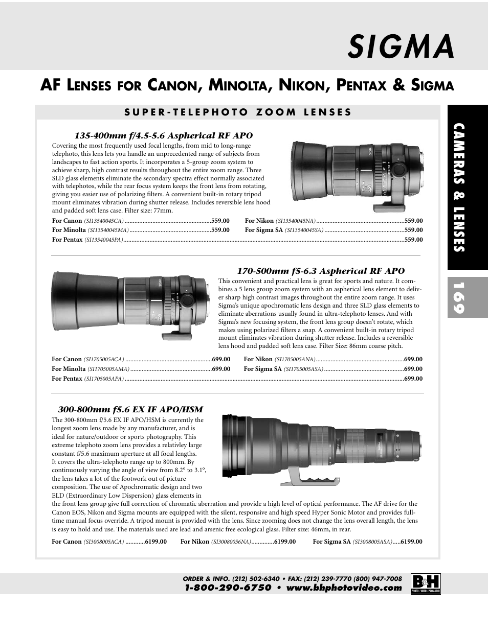 Af l, Cameras & lenses 169, Enses for | Anon, Inolta, Ikon, Entax, Igma | Pentax CAMERAS & LENSES ZX-M User Manual | Page 32 / 56