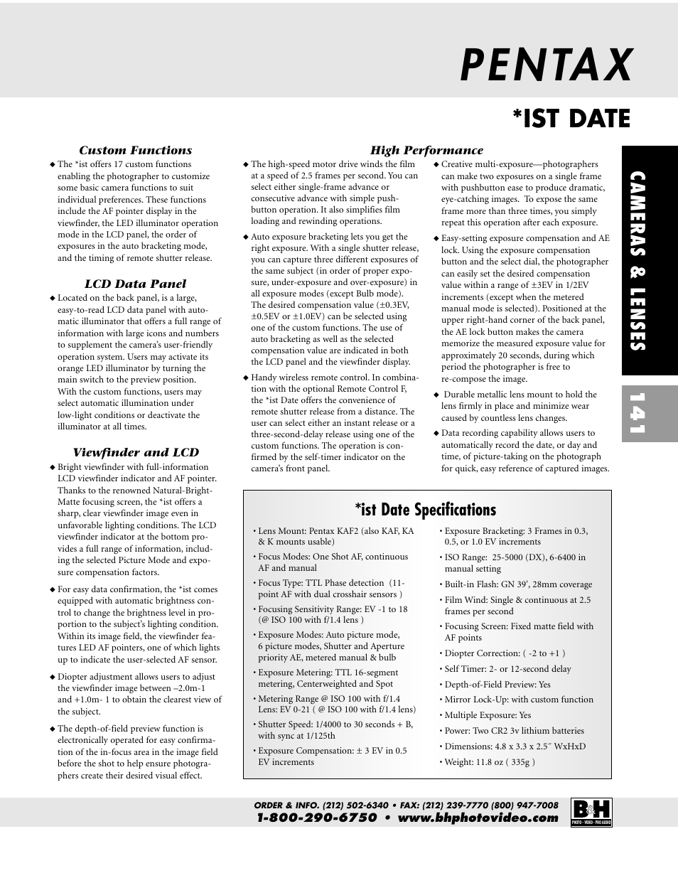 P e n ta x, Ist date, Cameras & lenses 141 | Ist date specifications | Pentax CAMERAS & LENSES ZX-M User Manual | Page 4 / 56