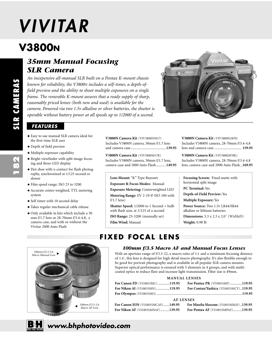 V3800, Slr cameras 182, 35mm manual focusing slr camera | Pentax CAMERAS & LENSES ZX-M User Manual | Page 45 / 56