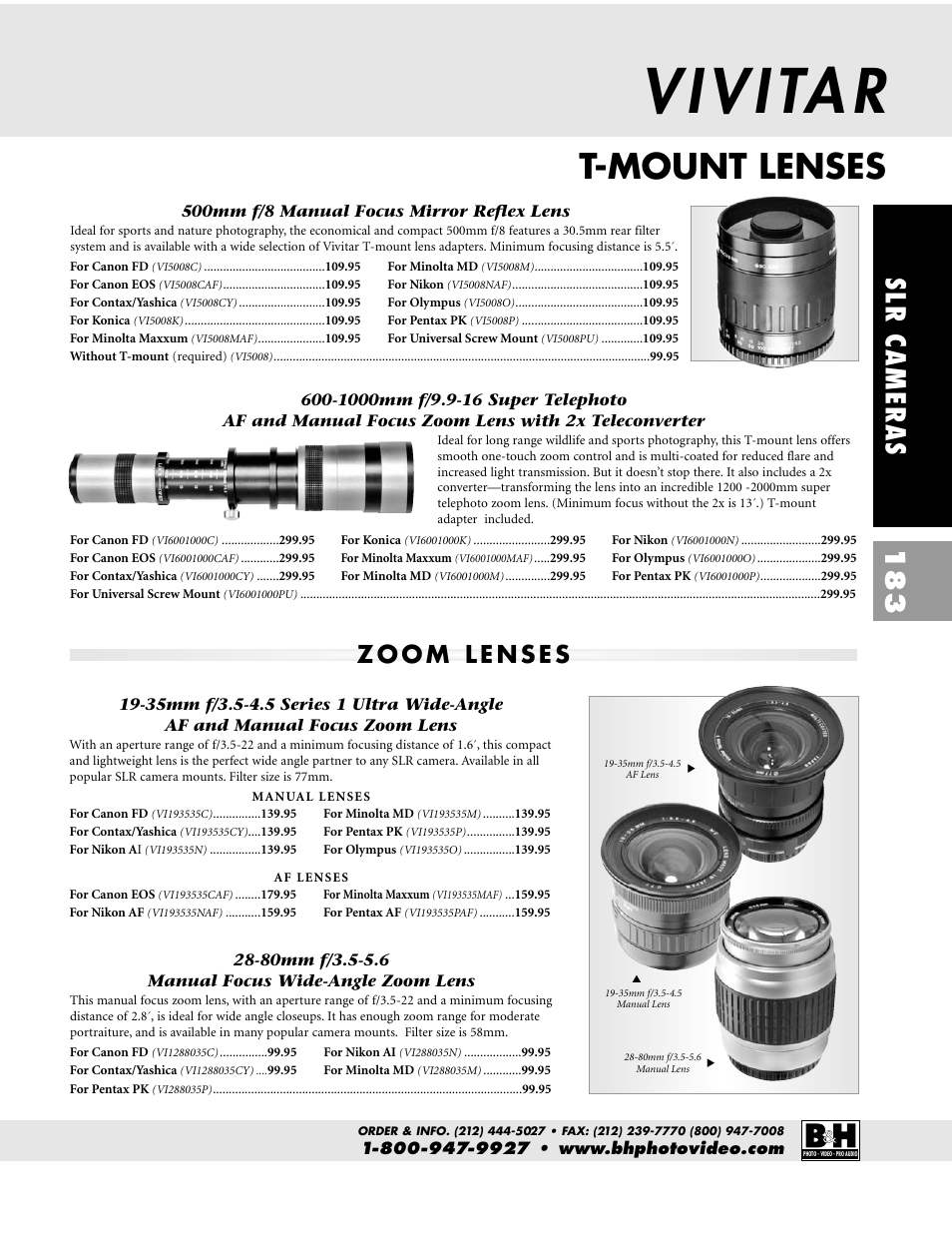 T-mount lenses, Slr cameras 183 | Pentax CAMERAS & LENSES ZX-M User Manual | Page 46 / 56