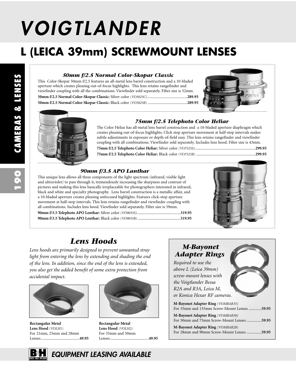 L (leica 39mm) screwmount lenses, Cameras & lenses 190, Lens hoods | Equipment leasing available, M-bayonet adapter rings | Pentax CAMERAS & LENSES ZX-M User Manual | Page 53 / 56