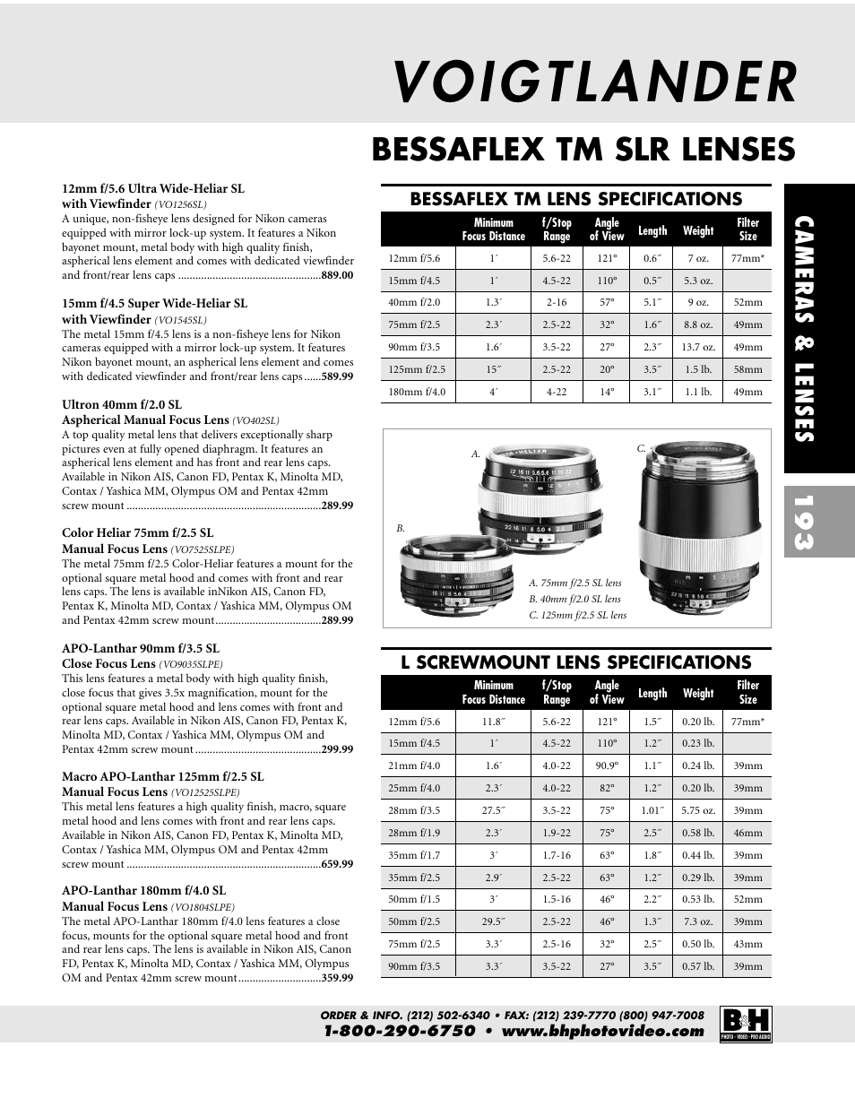 Bessaflex tm slr lenses, Cameras & lenses 193, L screwmount lens specifications | Bessaflex tm lens specifications | Pentax CAMERAS & LENSES ZX-M User Manual | Page 56 / 56