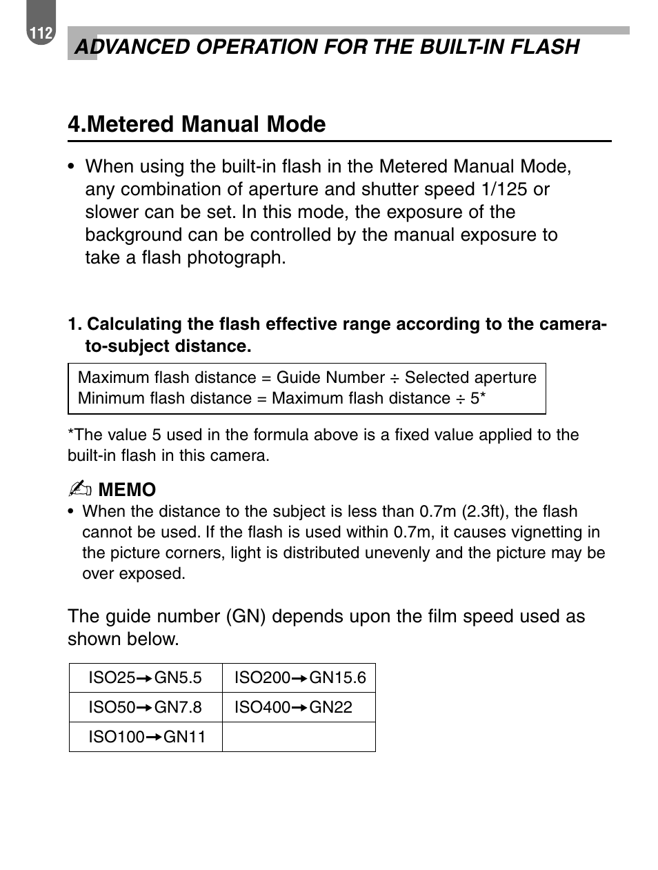 Metered manual mode, Advanced operation for the built-in flash | Pentax ist User Manual | Page 114 / 156