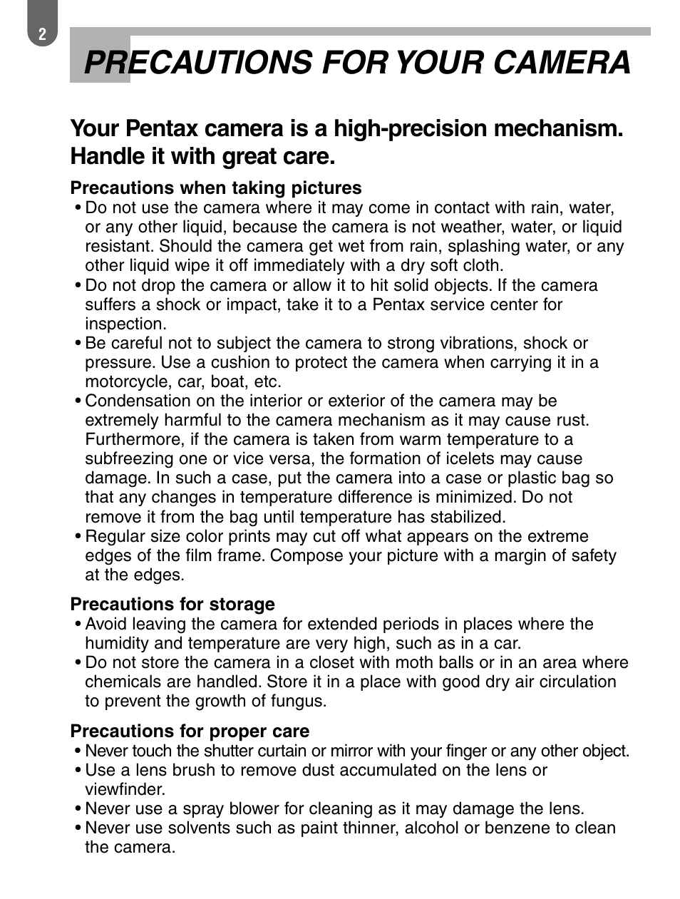 Precautions for your camera | Pentax ist User Manual | Page 4 / 156