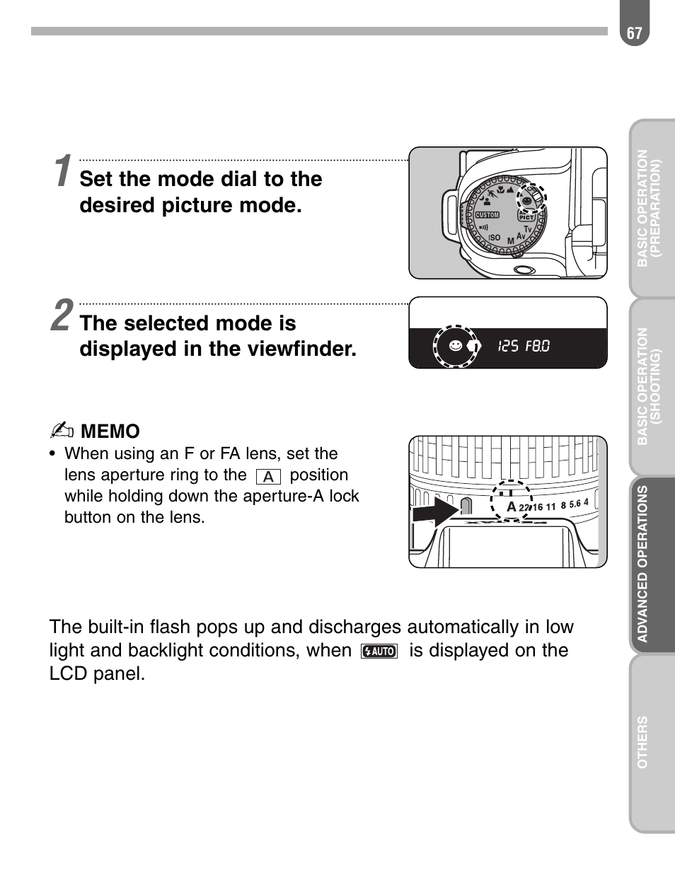 Set the mode dial to the desired picture mode, The selected mode is displayed in the viewfinder | Pentax ist User Manual | Page 69 / 156