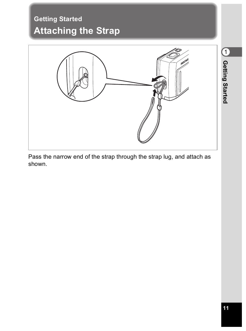 Attaching the strap | Pentax Optio 33L User Manual | Page 11 / 104