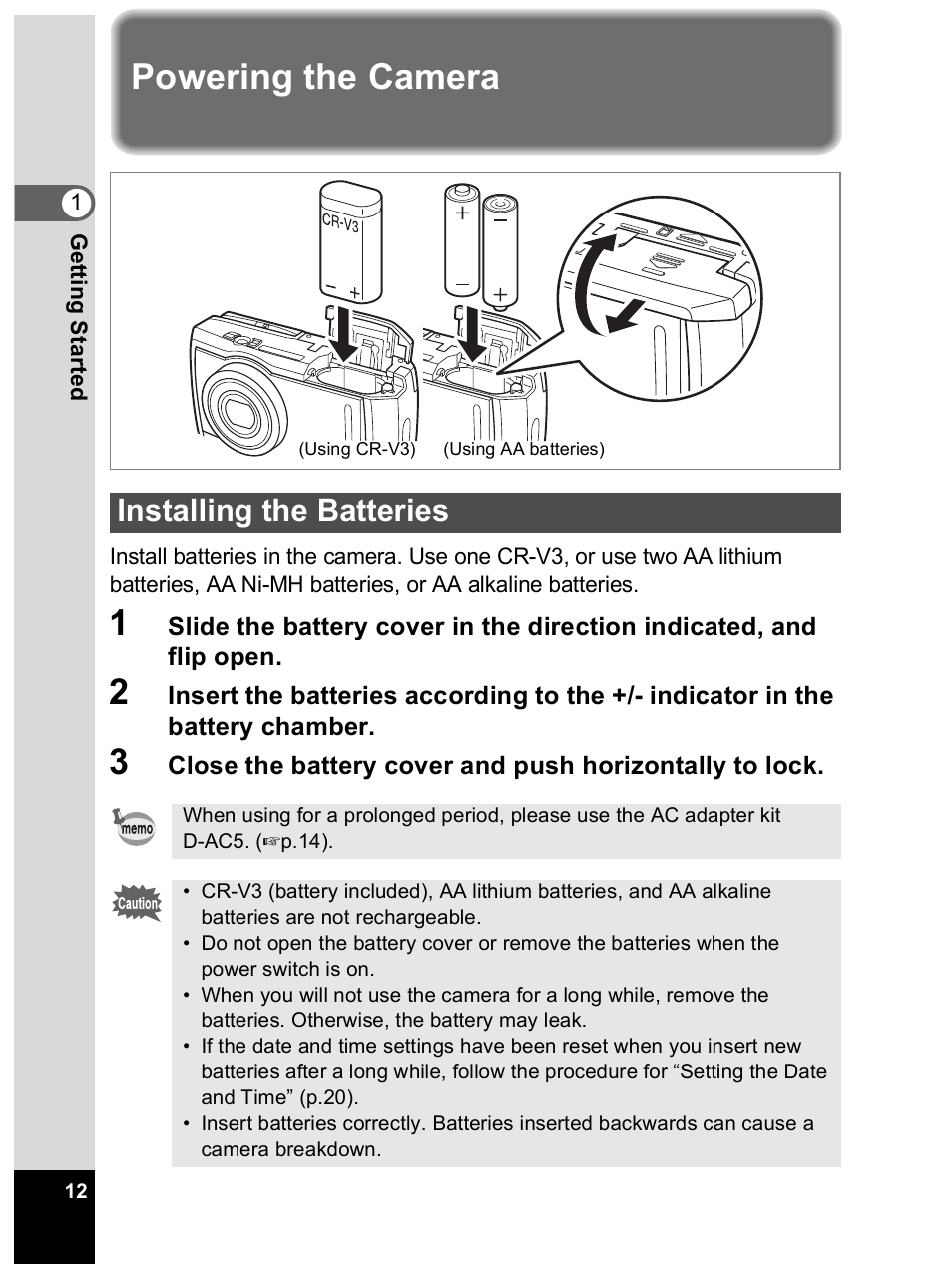 Powering the camera, Installing the batteries | Pentax Optio 33L User Manual | Page 12 / 104