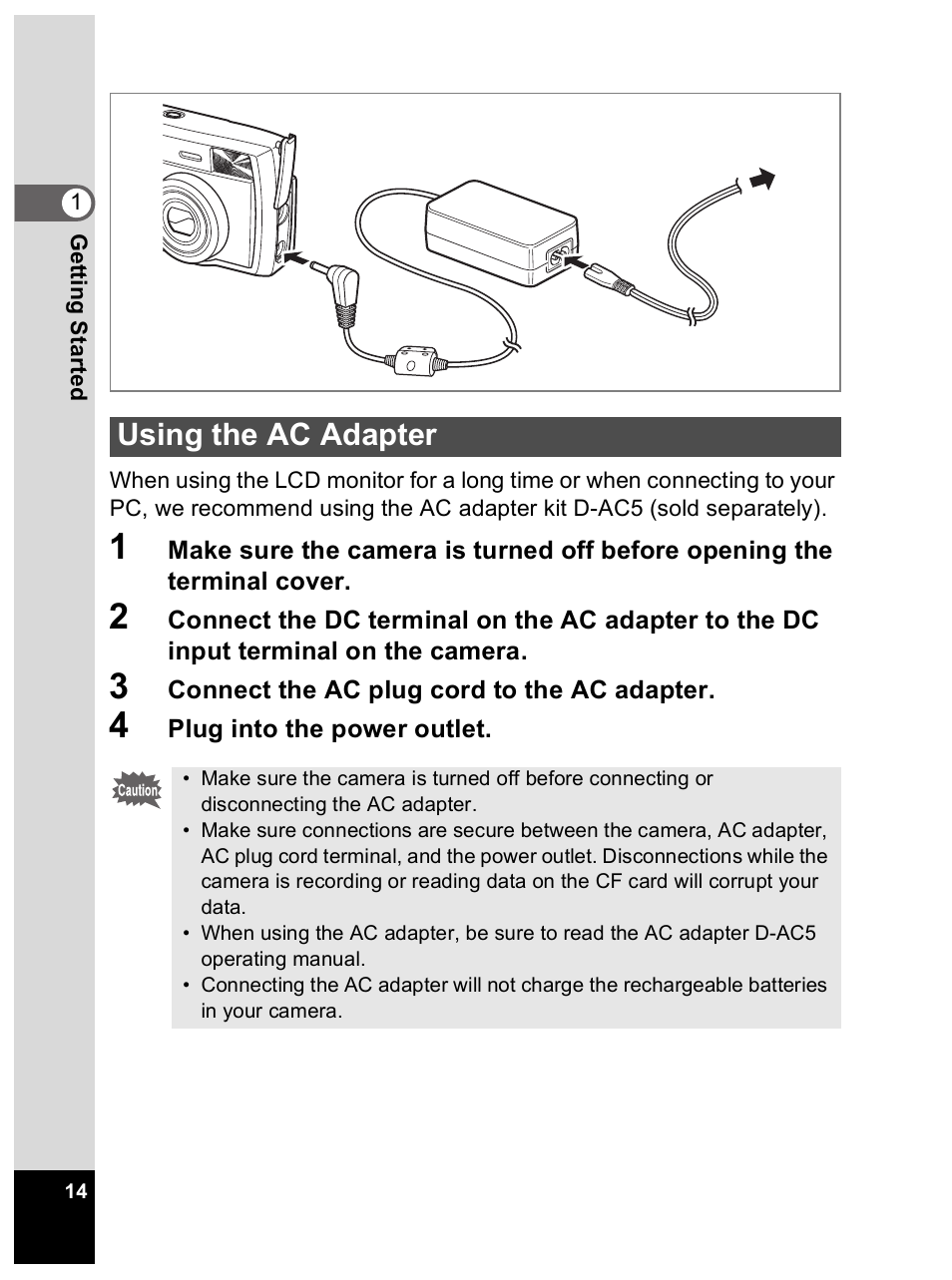 Using the ac adapter | Pentax Optio 33L User Manual | Page 14 / 104