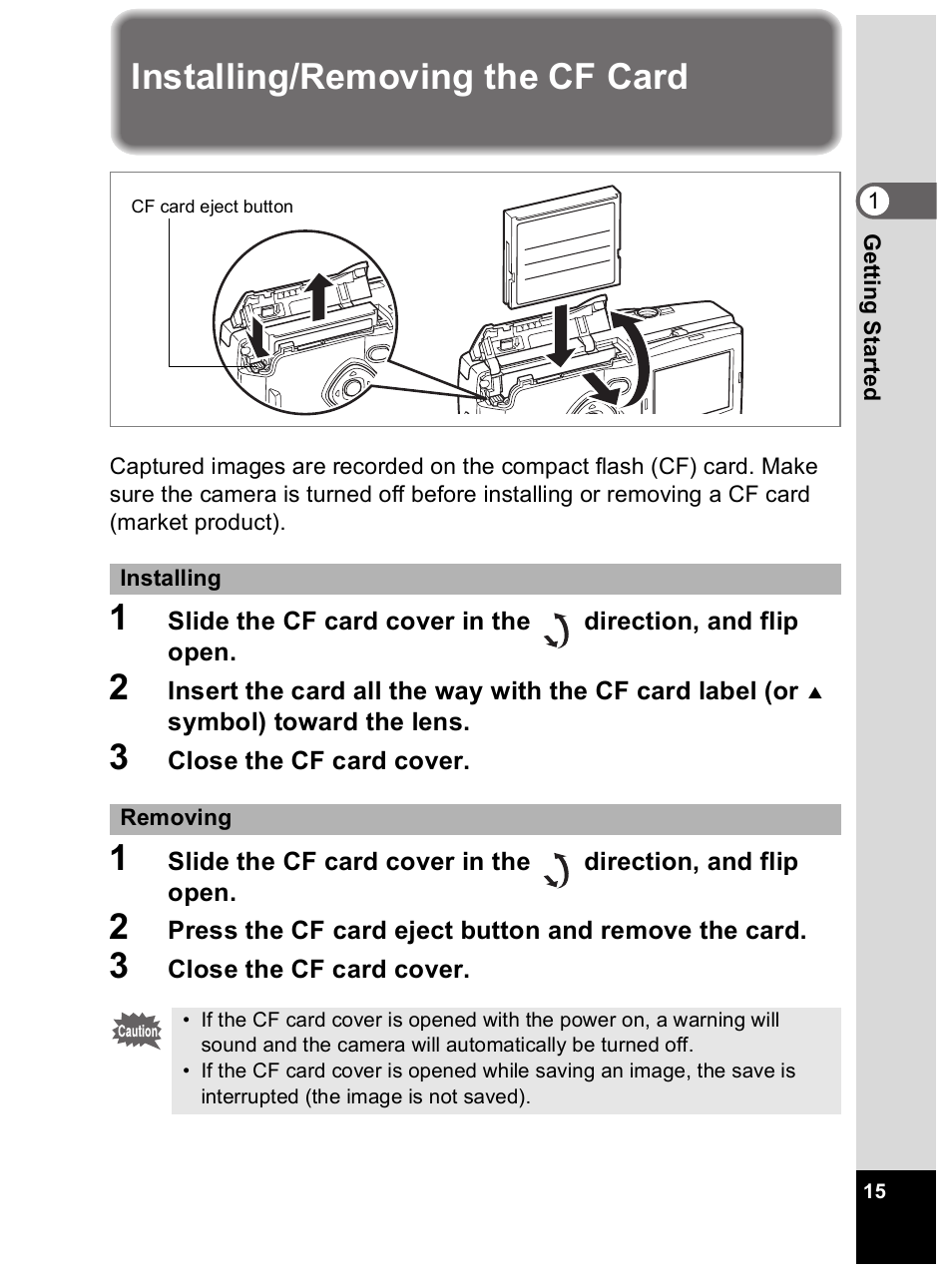 Installing/removing the cf card | Pentax Optio 33L User Manual | Page 15 / 104