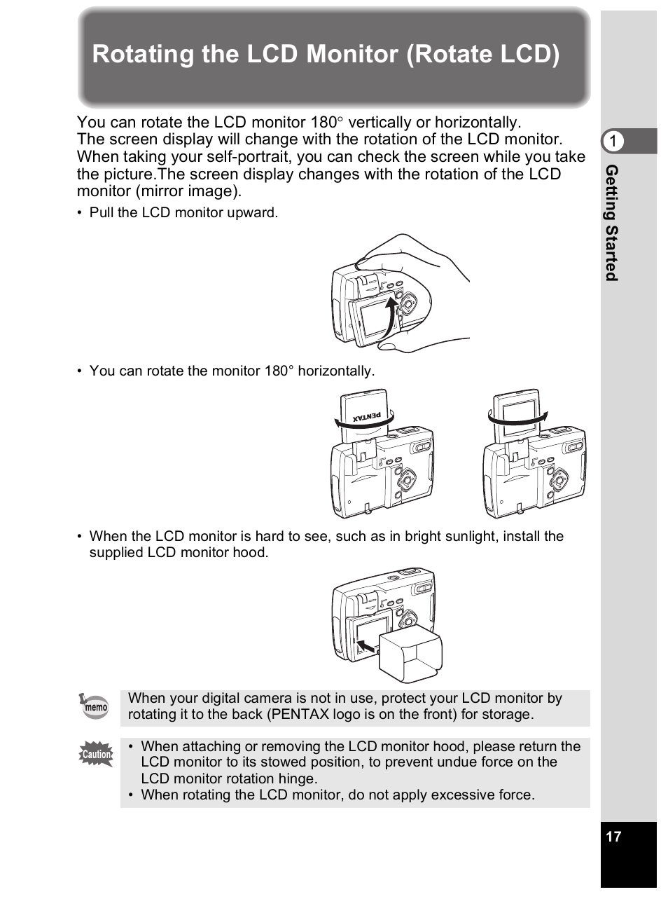 Rotating the lcd monitor (rotate lcd) | Pentax Optio 33L User Manual | Page 17 / 104