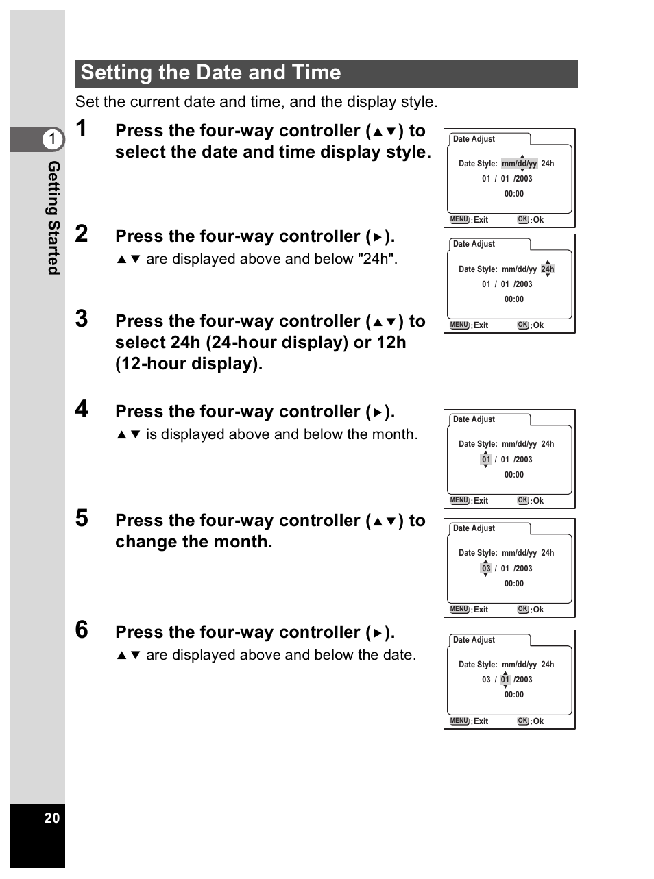 Setting the date and time, Press the four-way controller | Pentax Optio 33L User Manual | Page 20 / 104