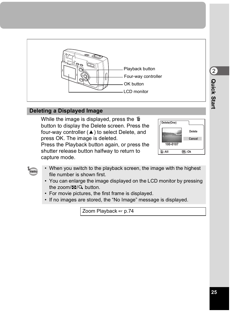 2q u ick st ar t, Deleting a displayed image | Pentax Optio 33L User Manual | Page 25 / 104