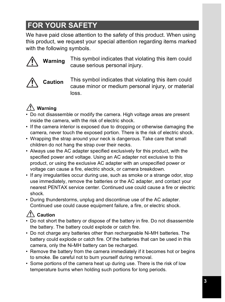 For your safety | Pentax Optio 33L User Manual | Page 3 / 104
