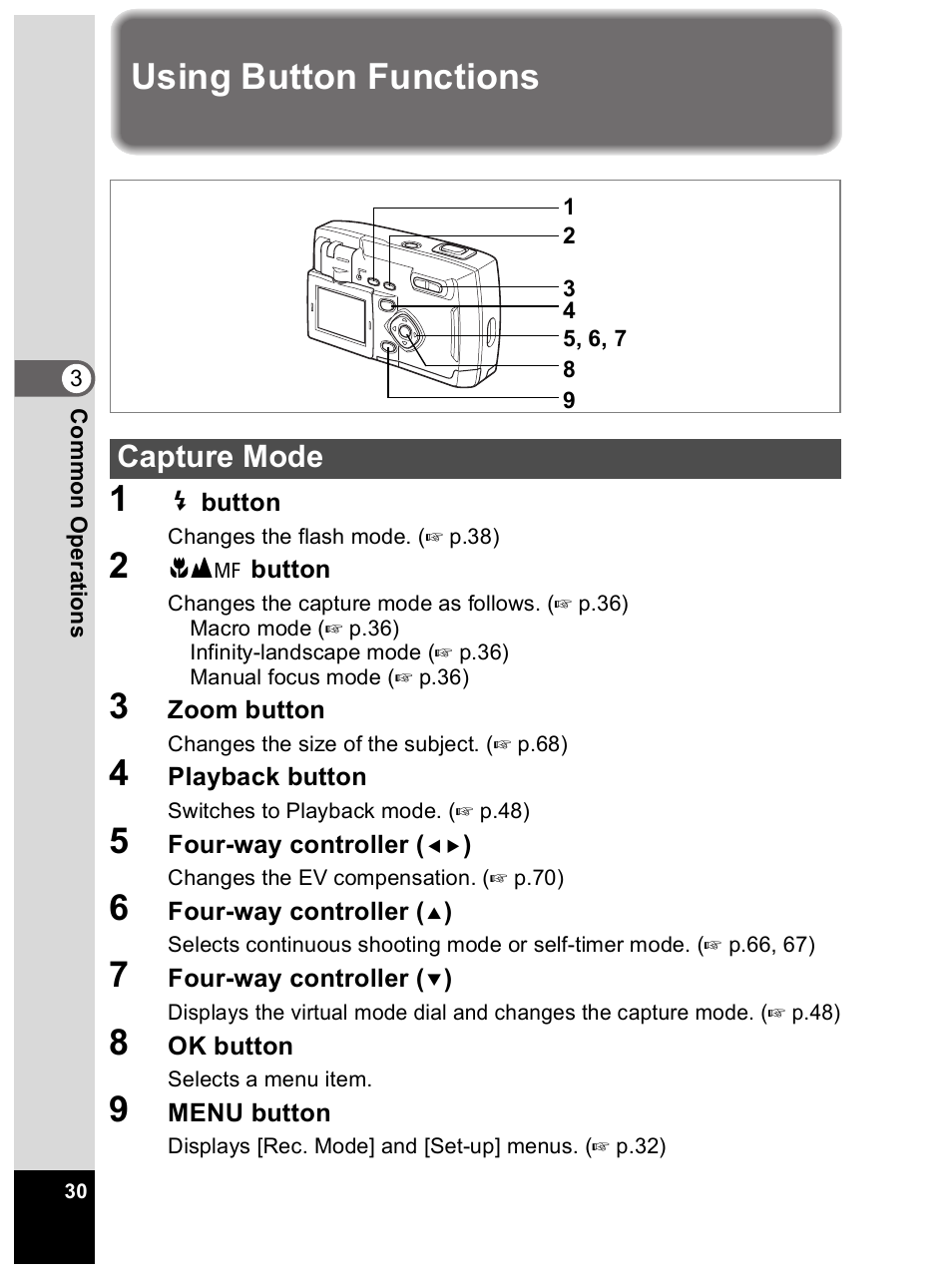 Using button functions 1, Capture mode | Pentax Optio 33L User Manual | Page 30 / 104