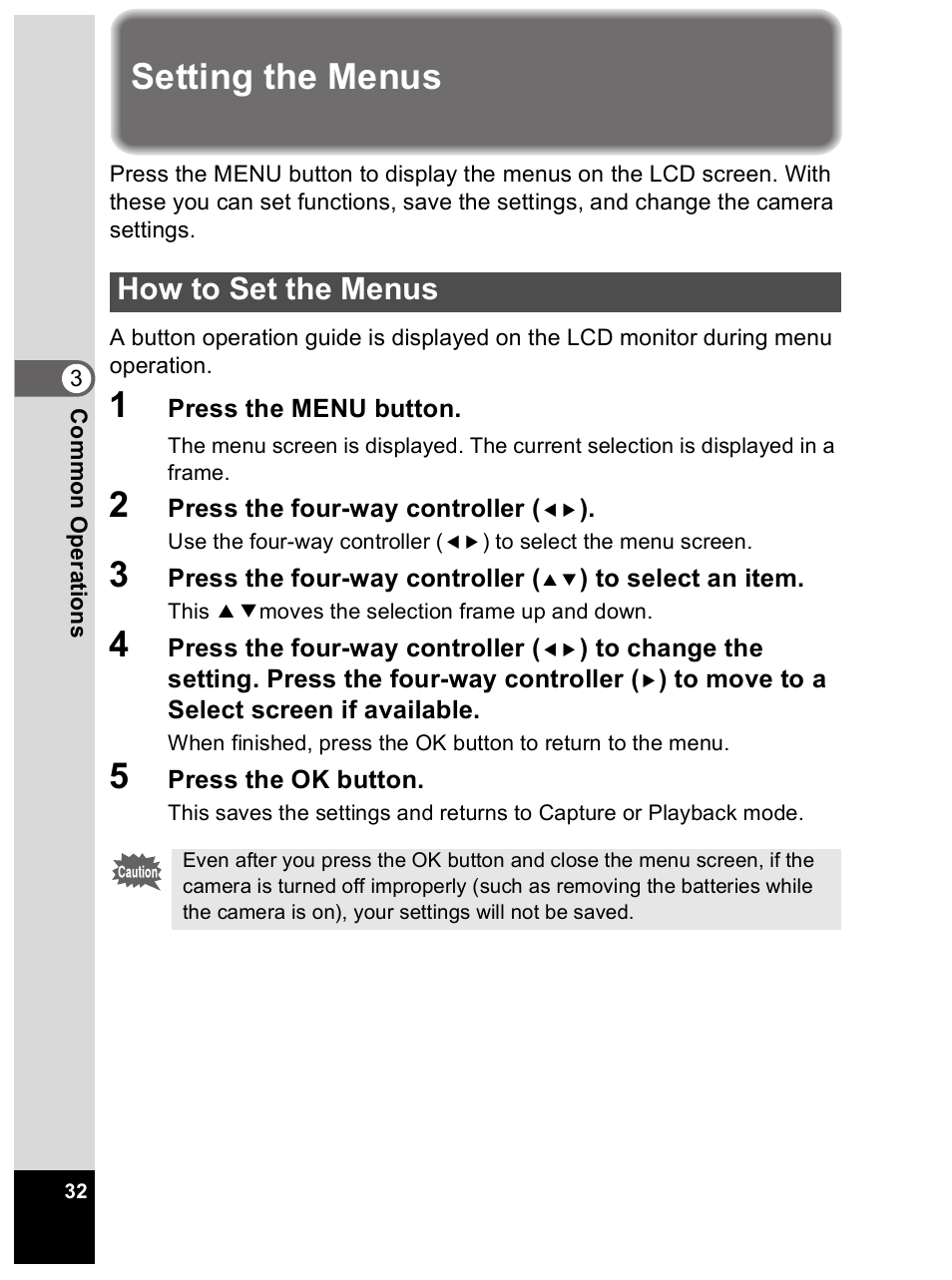 Setting the menus, How to set the menus | Pentax Optio 33L User Manual | Page 32 / 104