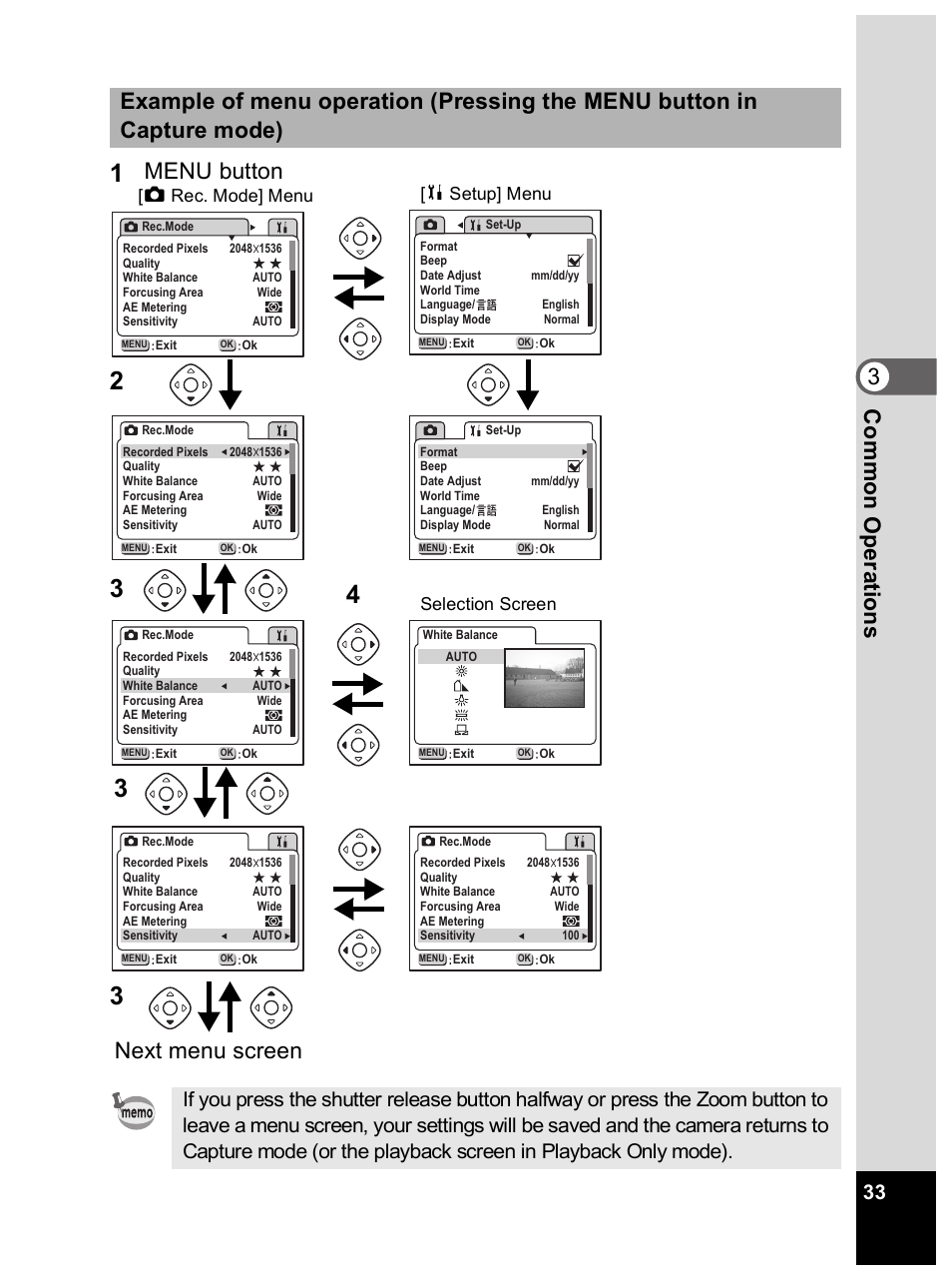 Menu button next menu screen | Pentax Optio 33L User Manual | Page 33 / 104