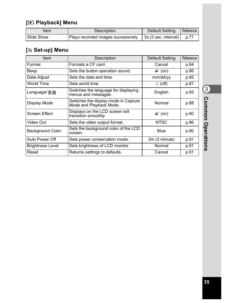 Com m on oper at ions 3, Playback] menu, Set-up] menu | Pentax Optio 33L User Manual | Page 35 / 104