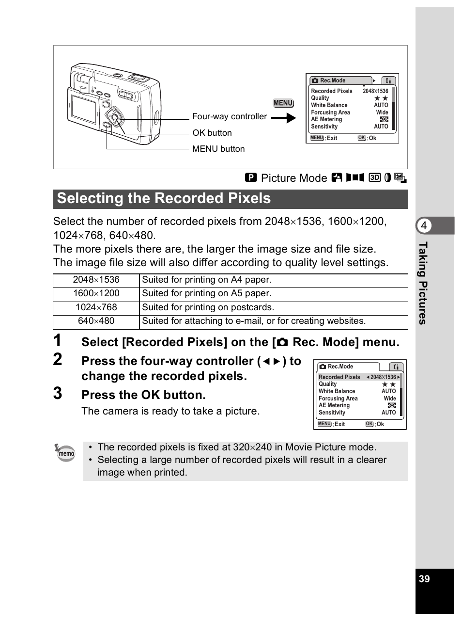 Selecting the recorded pixels, Select [recorded pixels] on the, Rec. mode] menu | Press the four-way controller, Press the ok button | Pentax Optio 33L User Manual | Page 39 / 104