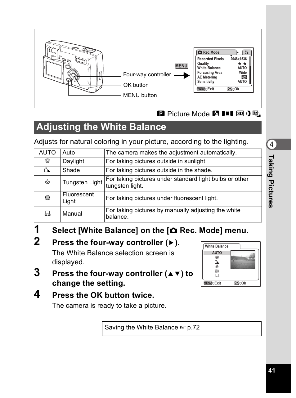 Adjusting the white balance, Select [white balance] on the, Rec. mode] menu | Press the four-way controller, Press the ok button twice | Pentax Optio 33L User Manual | Page 41 / 104