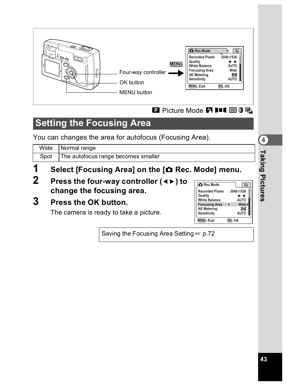 Setting the focusing area, Select [focusing area] on the, Rec. mode] menu | Press the four-way controller, Press the ok button | Pentax Optio 33L User Manual | Page 43 / 104