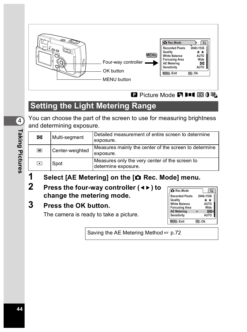 Setting the light metering range, Select [ae metering] on the, Rec. mode] menu | Press the four-way controller, Press the ok button | Pentax Optio 33L User Manual | Page 44 / 104