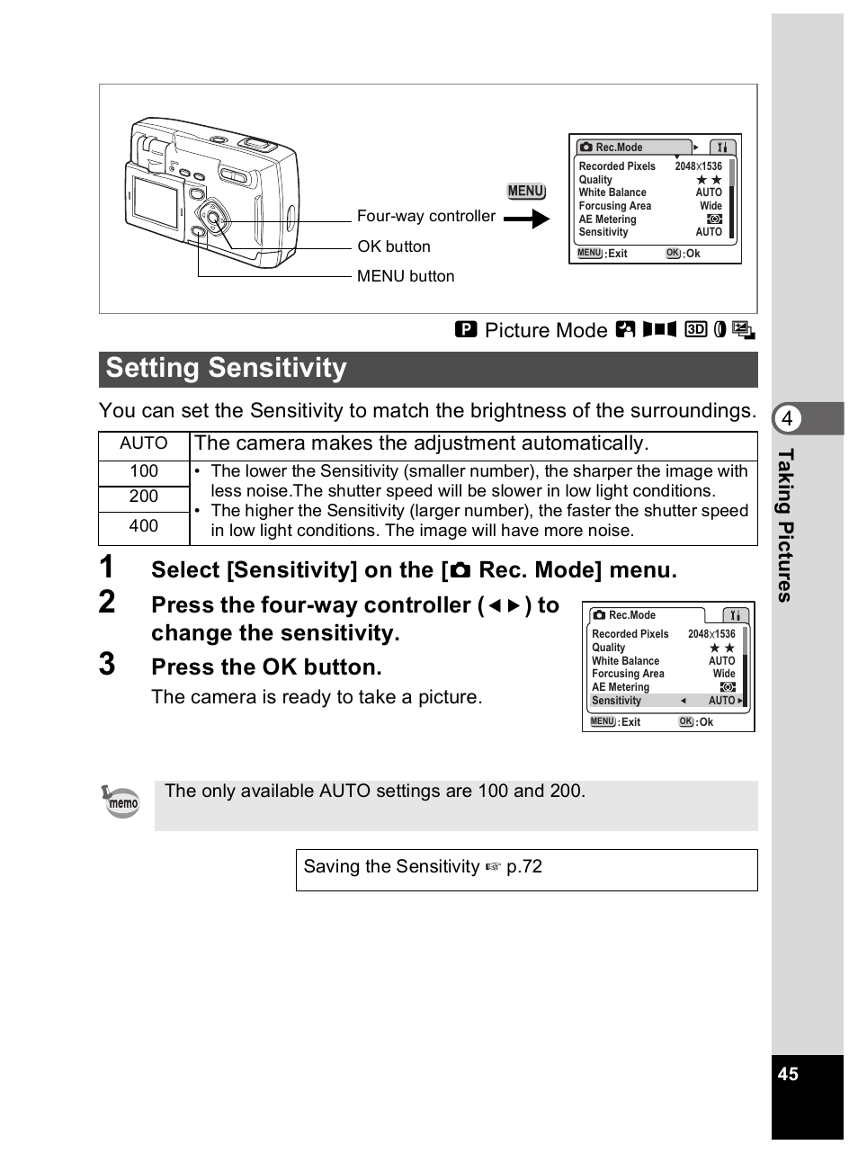 Setting sensitivity, Select [sensitivity] on the, Rec. mode] menu | Press the four-way controller, Press the ok button, The camera makes the adjustment automatically | Pentax Optio 33L User Manual | Page 45 / 104