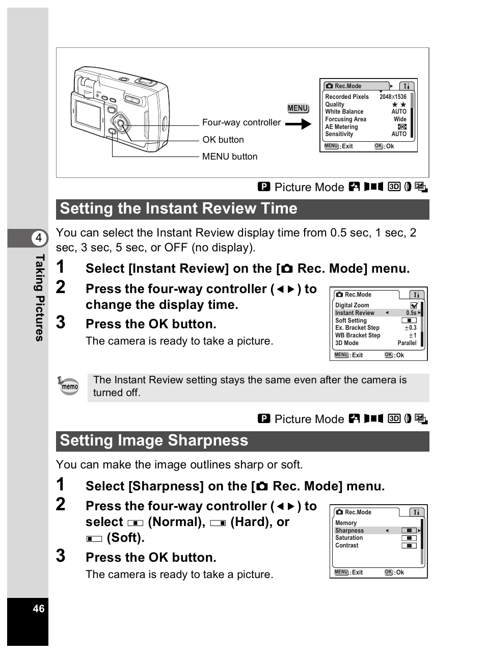 Setting the instant review time, Setting image sharpness, Select [instant review] on the | Rec. mode] menu, Press the four-way controller, Press the ok button, Select [sharpness] on the, Normal), Hard), or, Soft) | Pentax Optio 33L User Manual | Page 46 / 104