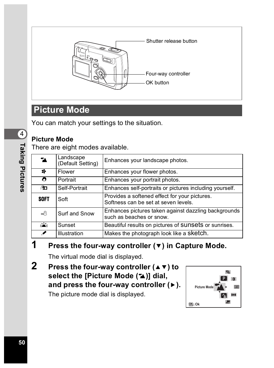 Picture mode, Press the four-way controller, Dial, and press the four-way controller | Pentax Optio 33L User Manual | Page 50 / 104