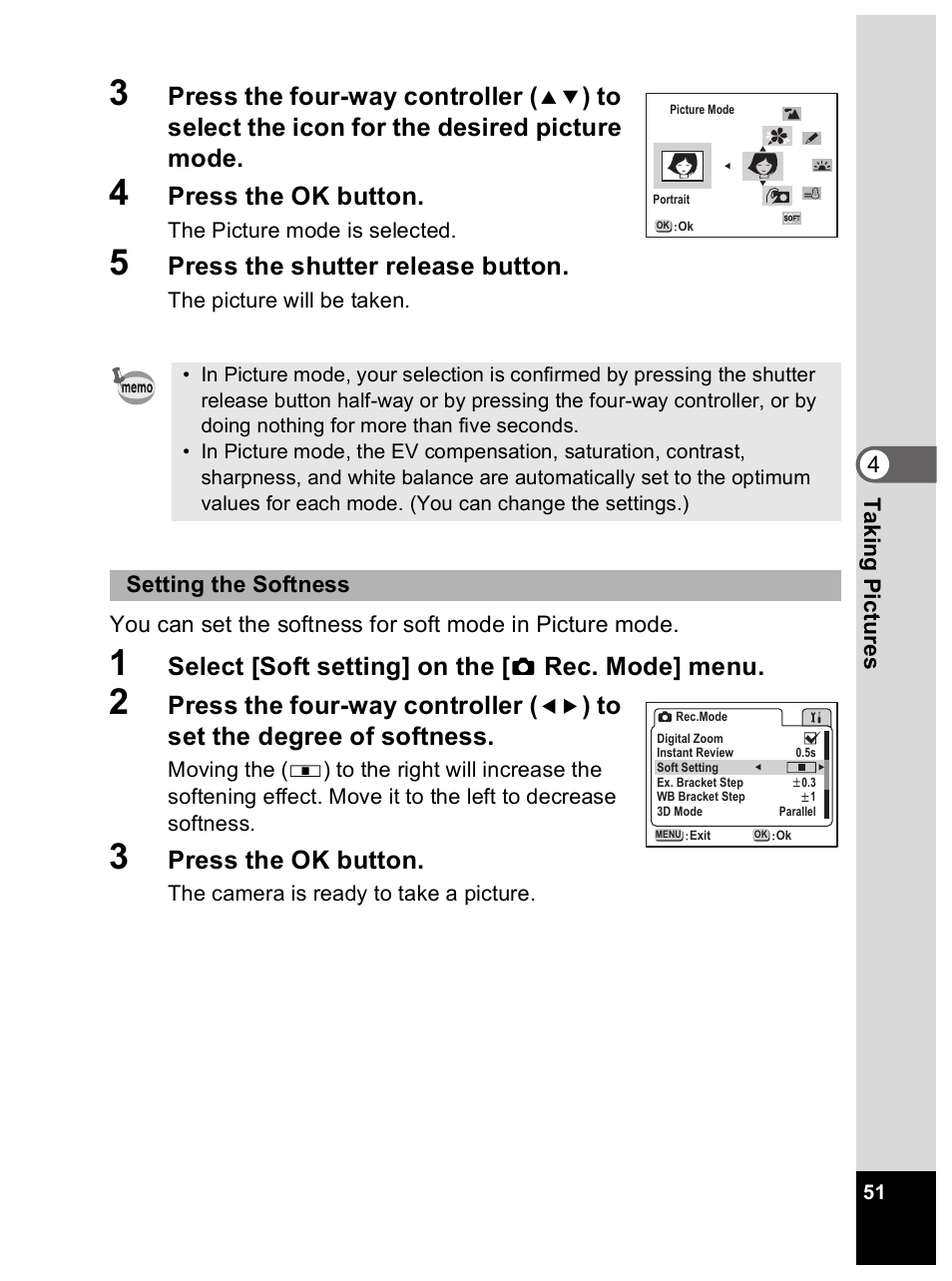 Press the four-way controller, Press the ok button, Press the shutter release button | Select [soft setting] on the, Rec. mode] menu | Pentax Optio 33L User Manual | Page 51 / 104