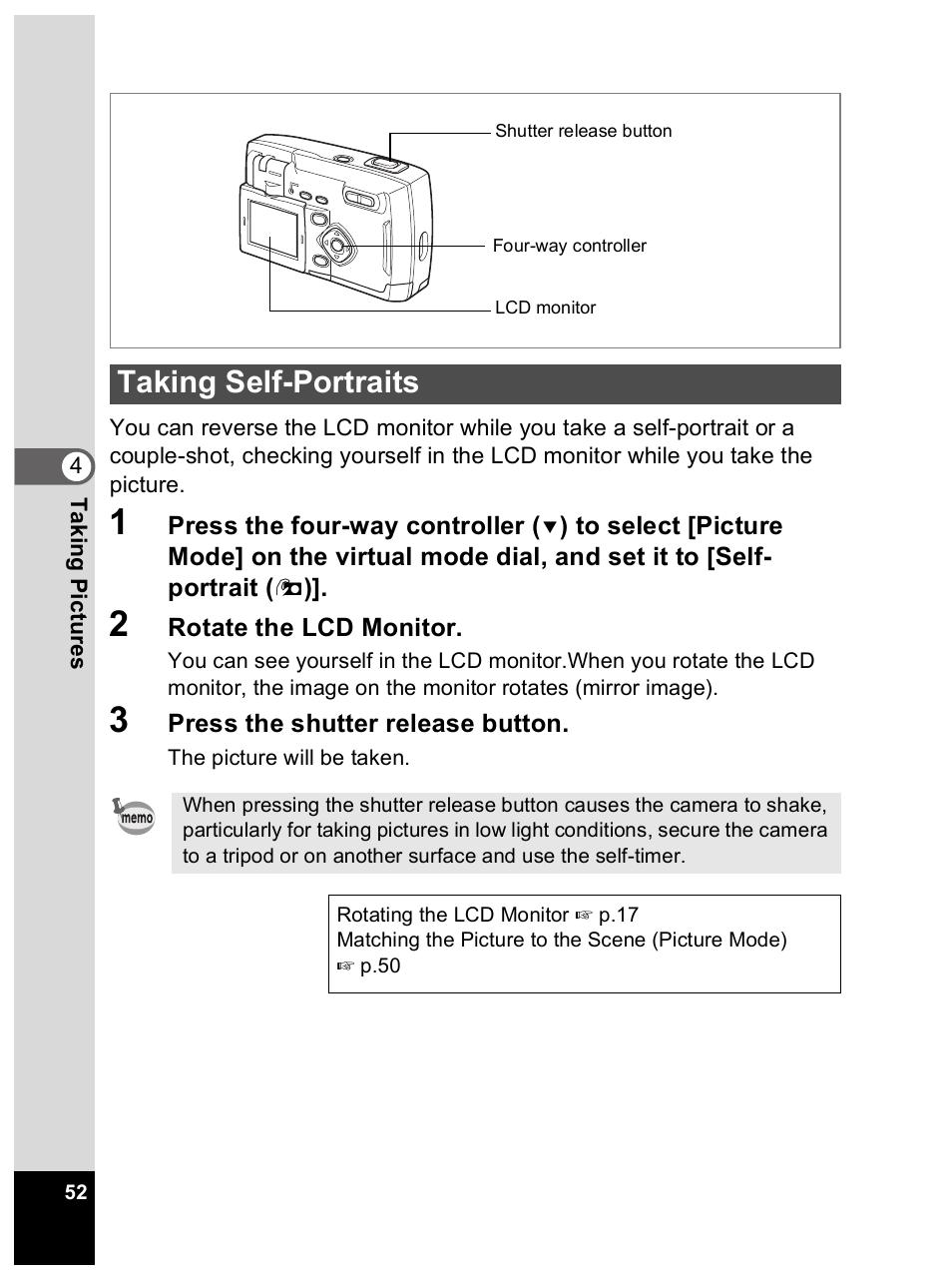 Taking self-portraits | Pentax Optio 33L User Manual | Page 52 / 104