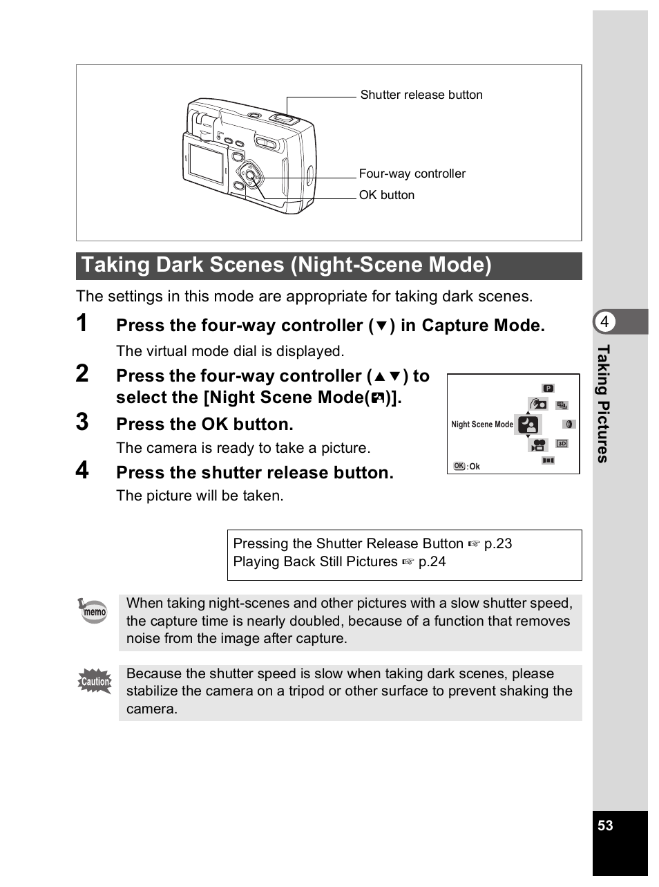 Taking dark scenes (night-scene mode) | Pentax Optio 33L User Manual | Page 53 / 104