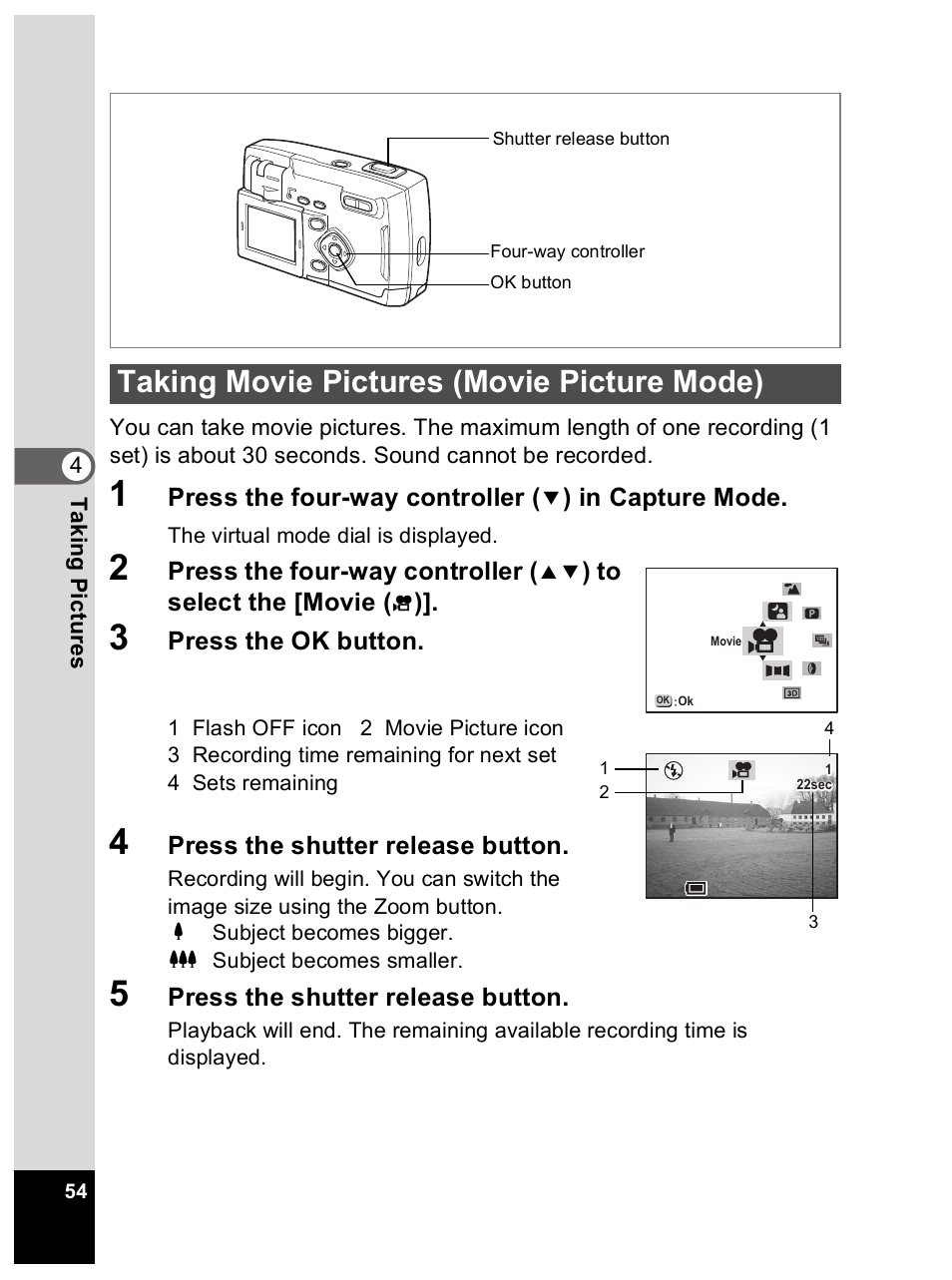 Taking movie pictures (movie picture mode) | Pentax Optio 33L User Manual | Page 54 / 104