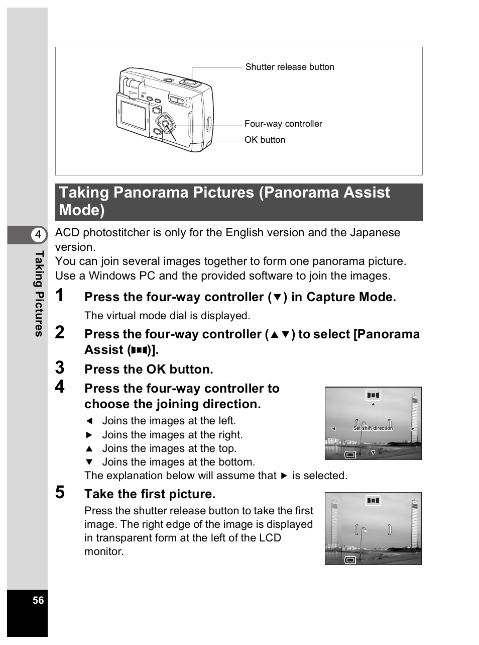 Taking panorama pictures (panorama assist mode) | Pentax Optio 33L User Manual | Page 56 / 104