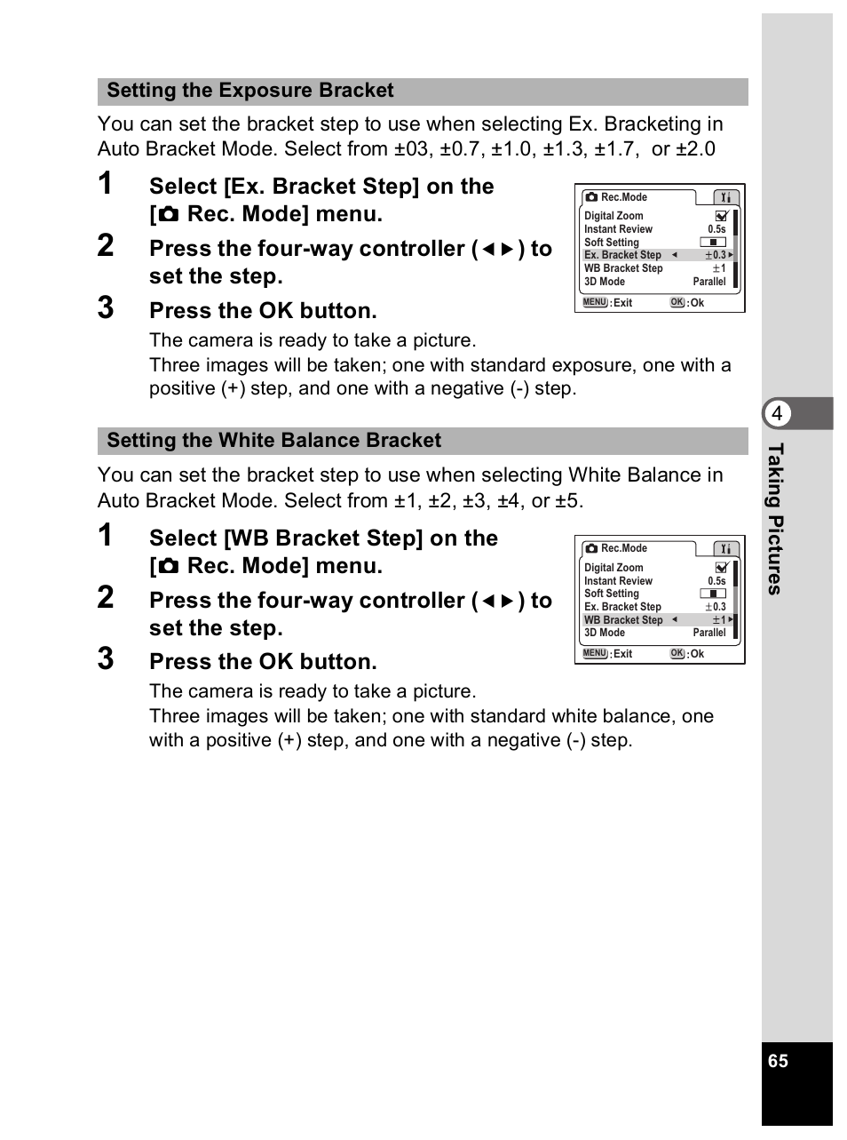 Select [ex. bracket step] on the, Rec. mode] menu, Press the four-way controller | Press the ok button, Select [wb bracket step] on the | Pentax Optio 33L User Manual | Page 65 / 104