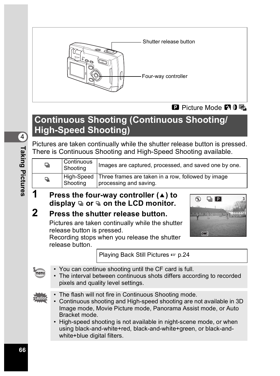 Press the four-way controller, On the lcd monitor, Press the shutter release button | Pentax Optio 33L User Manual | Page 66 / 104