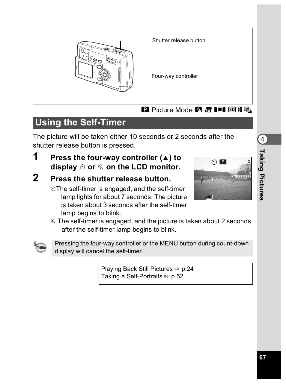 Using the self-timer | Pentax Optio 33L User Manual | Page 67 / 104